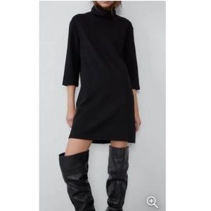 NWOT ZARA Trafaluc Solid Black Turtleneck 3/4 Sleeve Tunic Mini Dress
